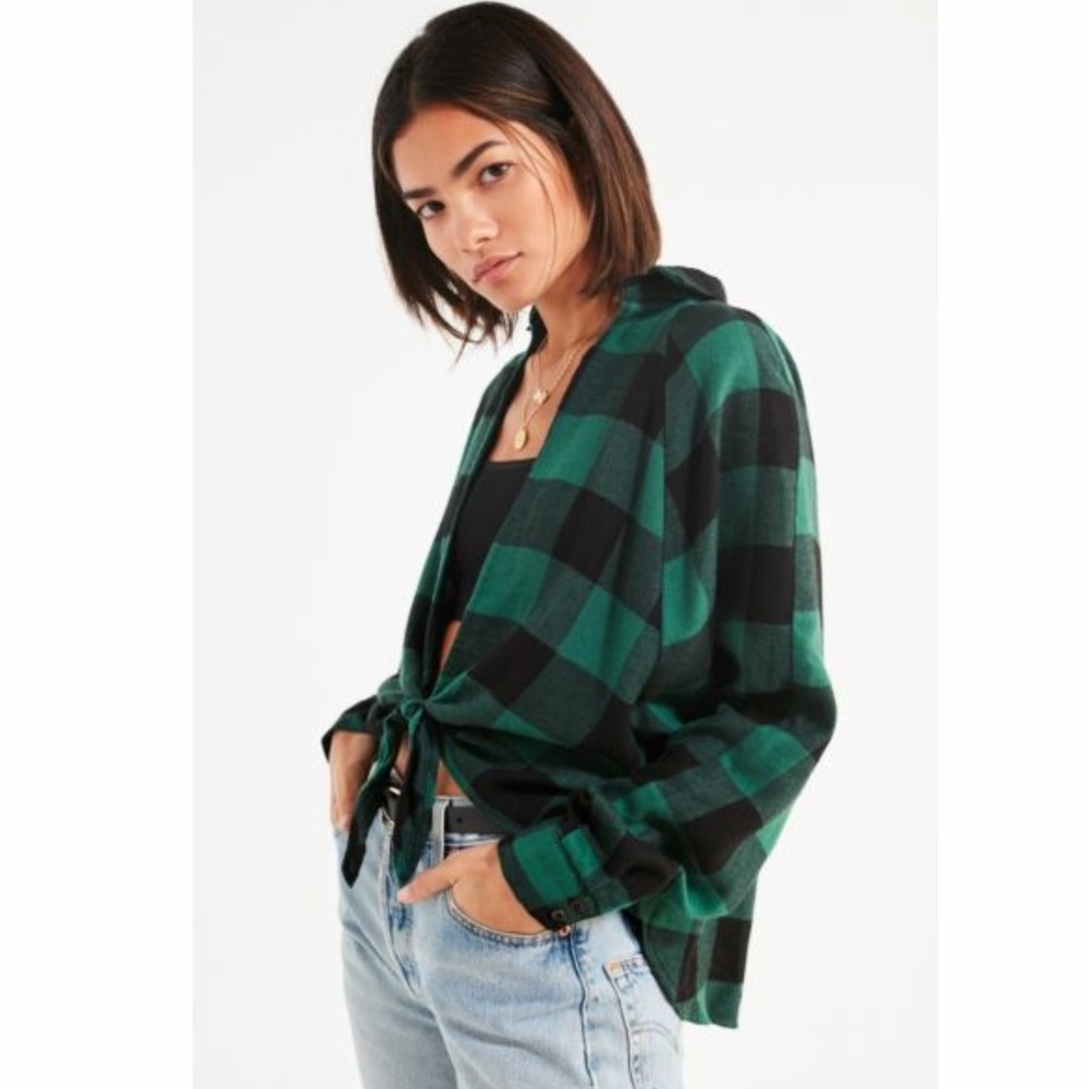Urban Outfitters Flannel Green VNeck High Low Crop